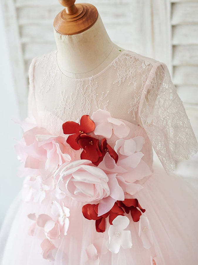 Knee-length A-line Flower Girl Dresses with 3D Lace and Tulle Half Sleeves