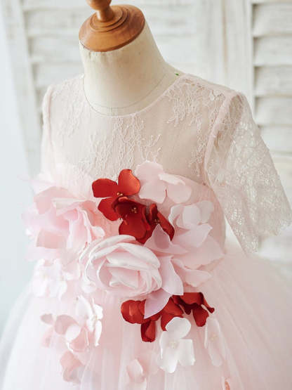 Knee-length A-line Flower Girl Dresses with 3D Lace and Tulle Half Sleeves