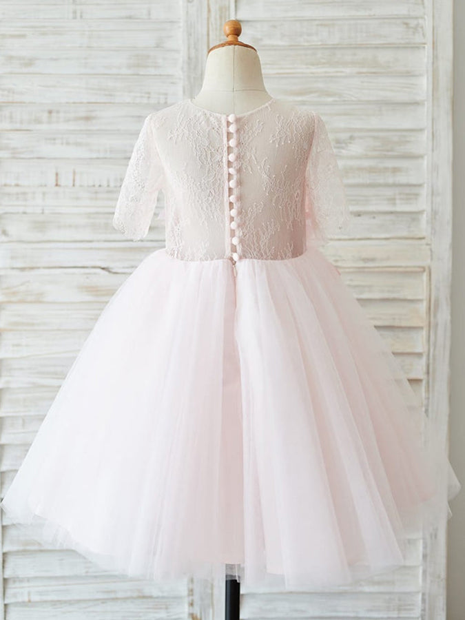 Knee-length A-line Flower Girl Dresses with 3D Lace and Tulle Half Sleeves