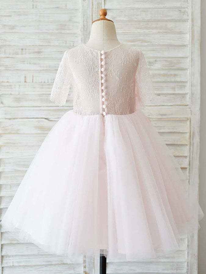 Knee-length A-line Flower Girl Dresses with 3D Lace and Tulle Half Sleeves