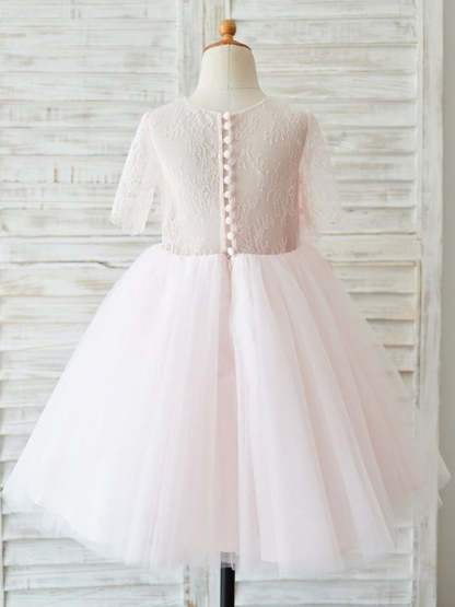 Knee-length A-line Flower Girl Dresses with 3D Lace and Tulle Half Sleeves
