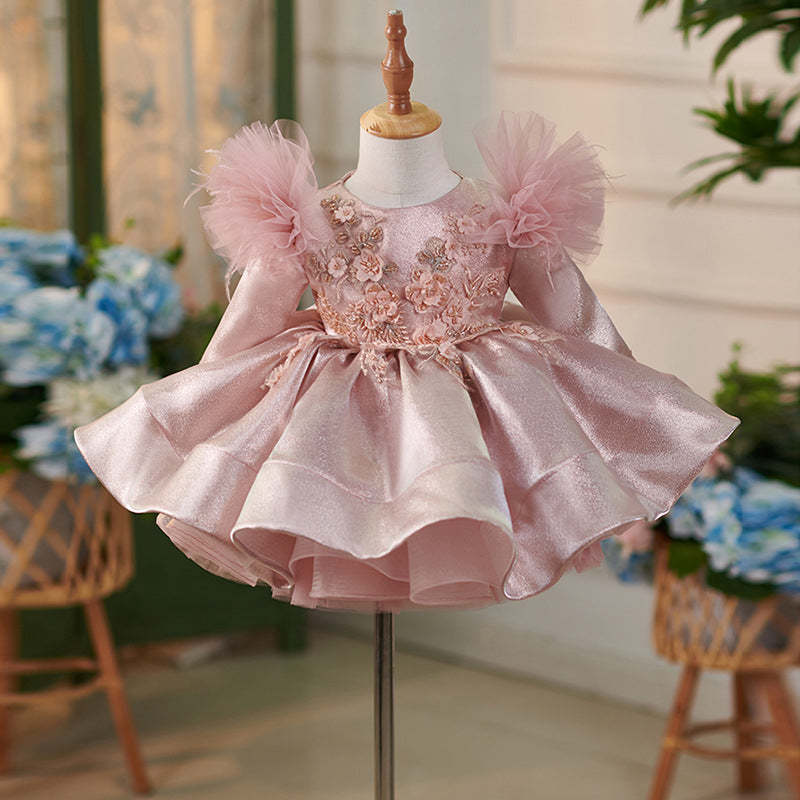 Knee-length Satin Tulle Dress for Baby Girl's 1st Birthday Party