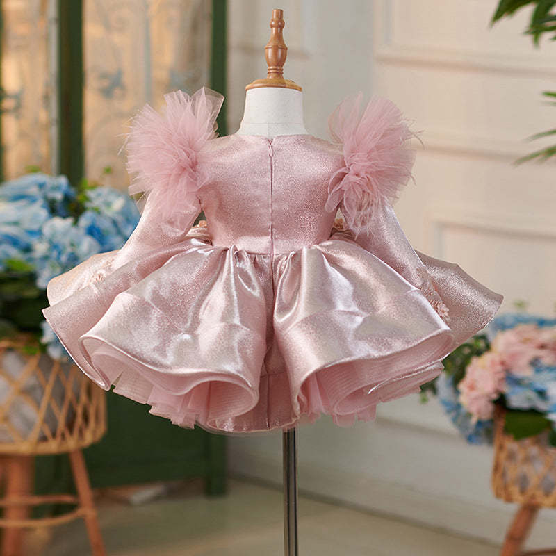 Knee-length Satin Tulle Dress for Baby Girl's 1st Birthday Party