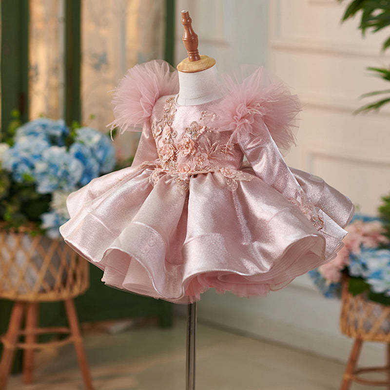 Knee-length Satin Tulle Dress for Baby Girl's 1st Birthday Party
