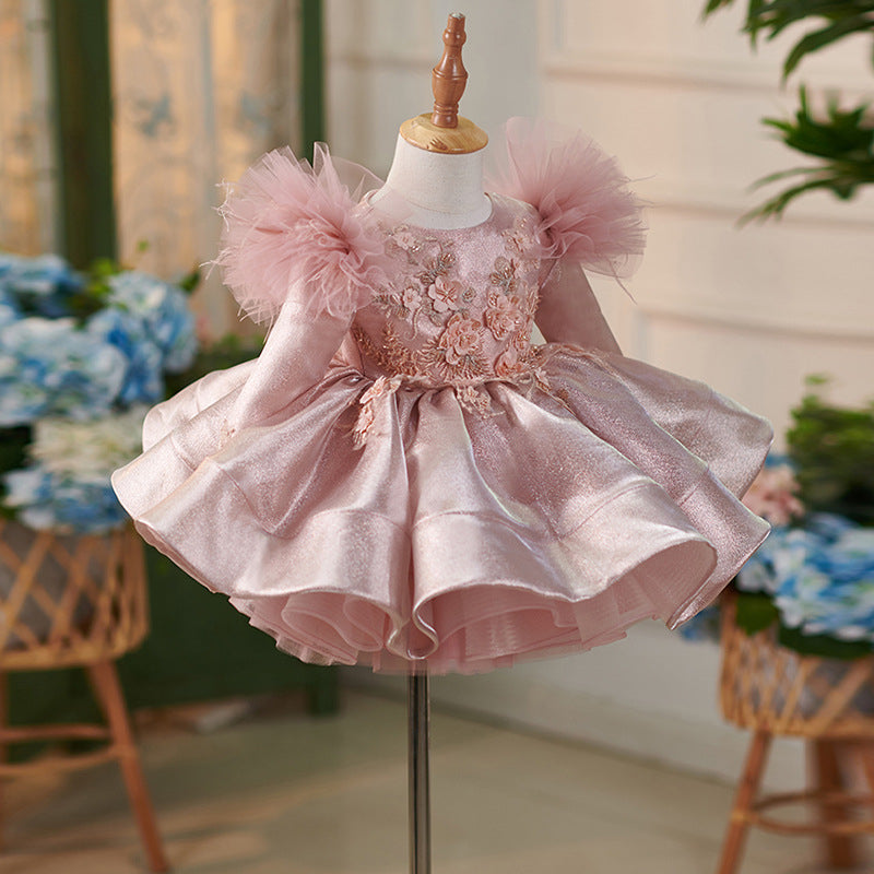 Knee-length Satin Tulle Dress for Baby Girl's 1st Birthday Party