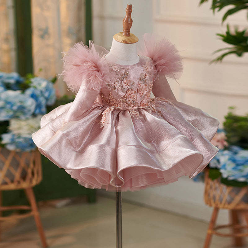Knee-length Satin Tulle Dress for Baby Girl's 1st Birthday Party