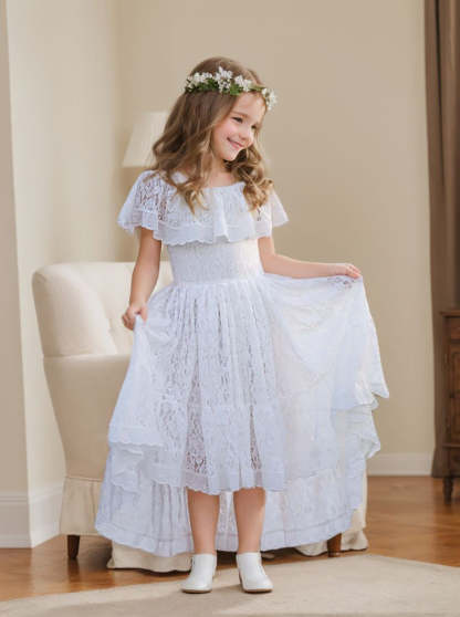 Vacation Dress with White Lace and Irregular Skirt