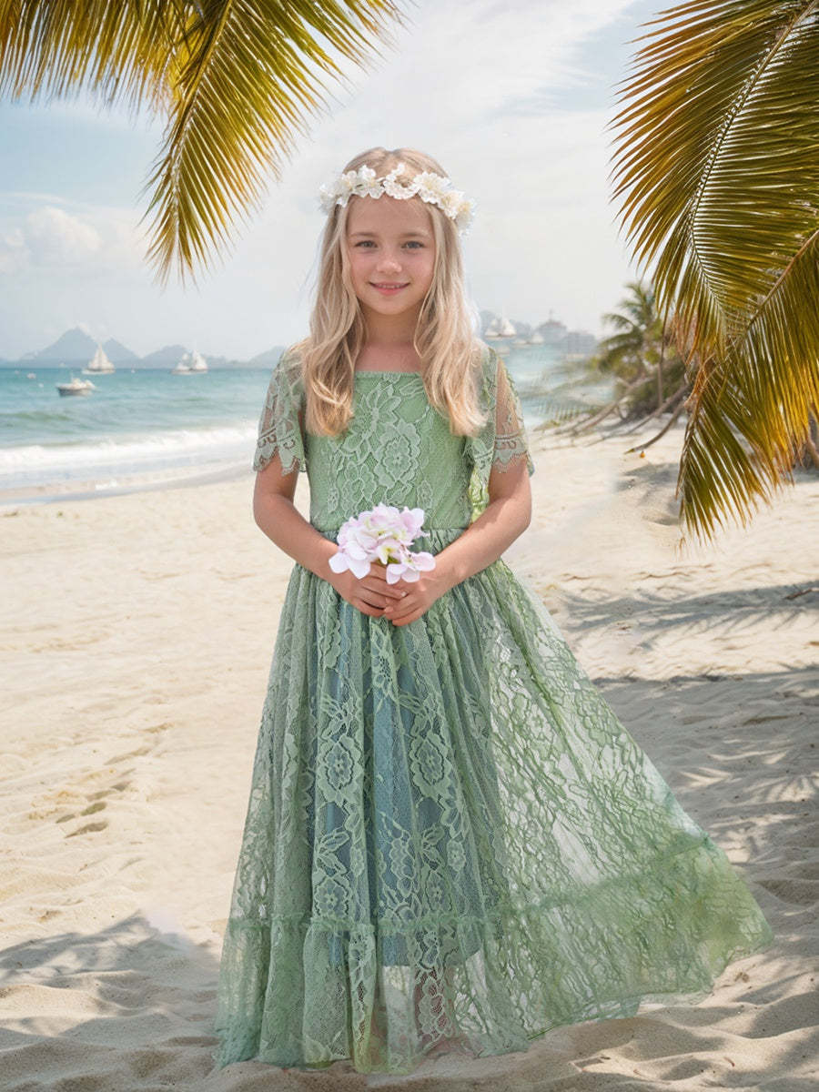 Boho Flower Dress in Sage Green Lace for Beach Resort