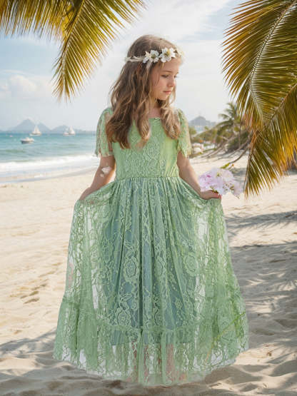 Boho Flower Dress in Sage Green Lace for Beach Resort