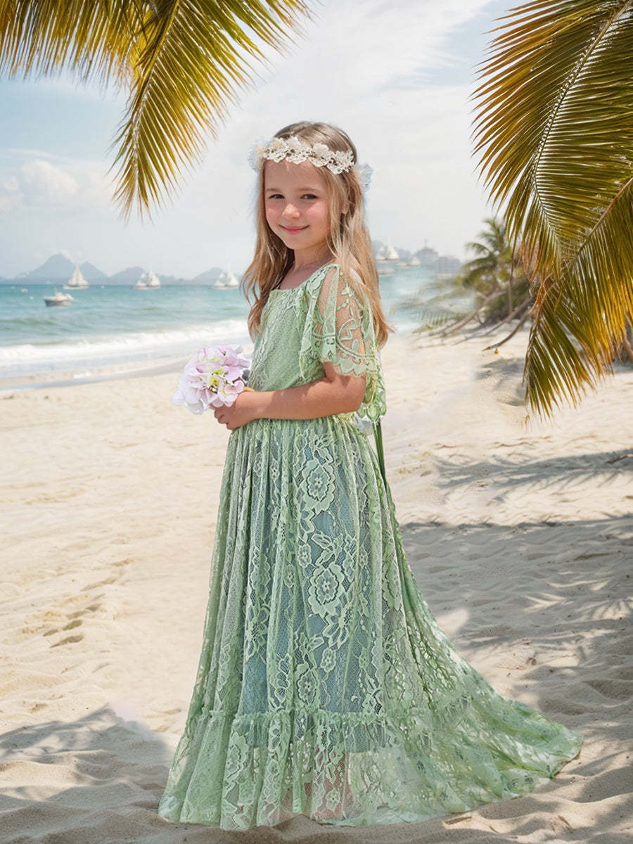 Boho Flower Dress in Sage Green Lace for Beach Resort