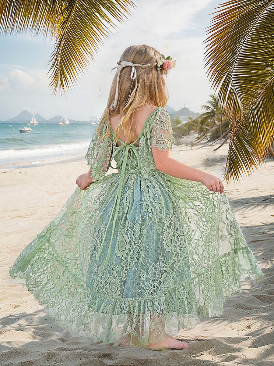 Boho Flower Dress in Sage Green Lace for Beach Resort