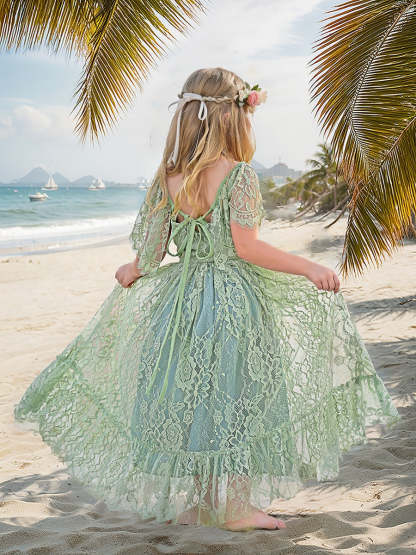 Boho Flower Dress in Sage Green Lace for Beach Resort