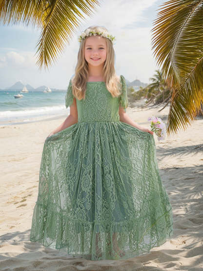 Boho Flower Dress in Sage Green Lace for Beach Resort