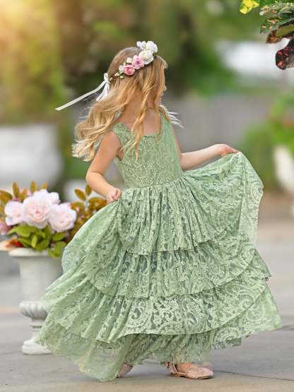 Floor-length A-line Flower Girl Dress in Lace and Tulle for Toddlers