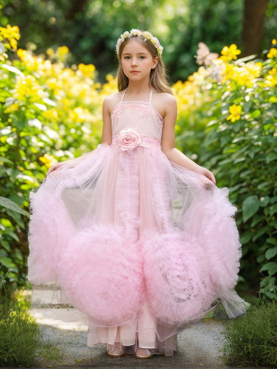 Pink Flower Girl Dress in Floor-length Chiffon with A-line Silhouette