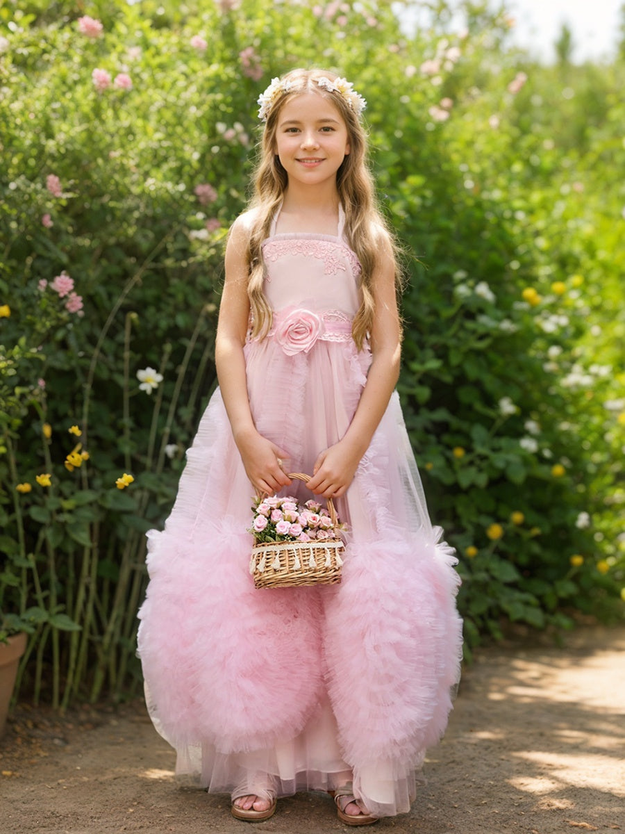 Pink Flower Girl Dress in Floor-length Chiffon with A-line Silhouette