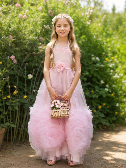 Pink Flower Girl Dress in Floor-length Chiffon with A-line Silhouette