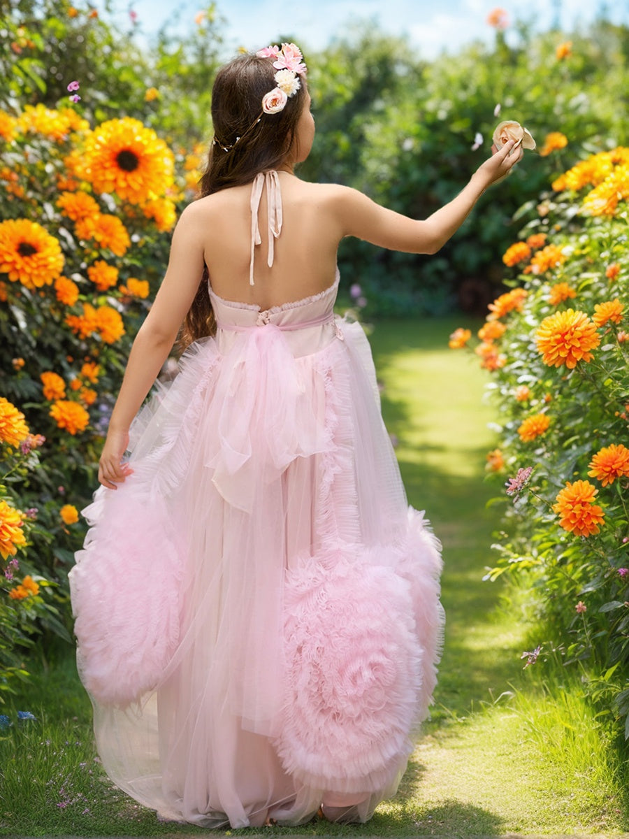 Pink Flower Girl Dress in Floor-length Chiffon with A-line Silhouette
