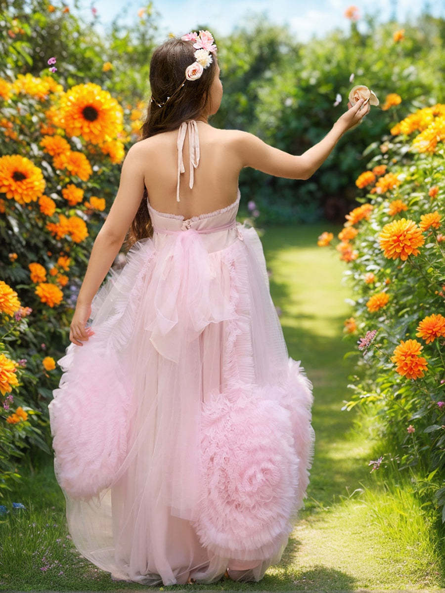 Pink Flower Girl Dress in Floor-length Chiffon with A-line Silhouette
