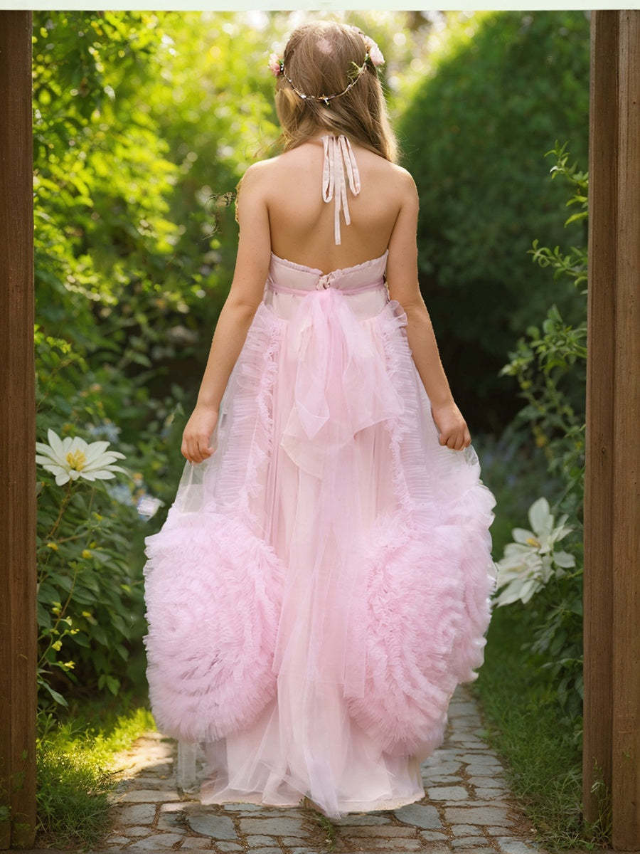Pink Flower Girl Dress in Floor-length Chiffon with A-line Silhouette
