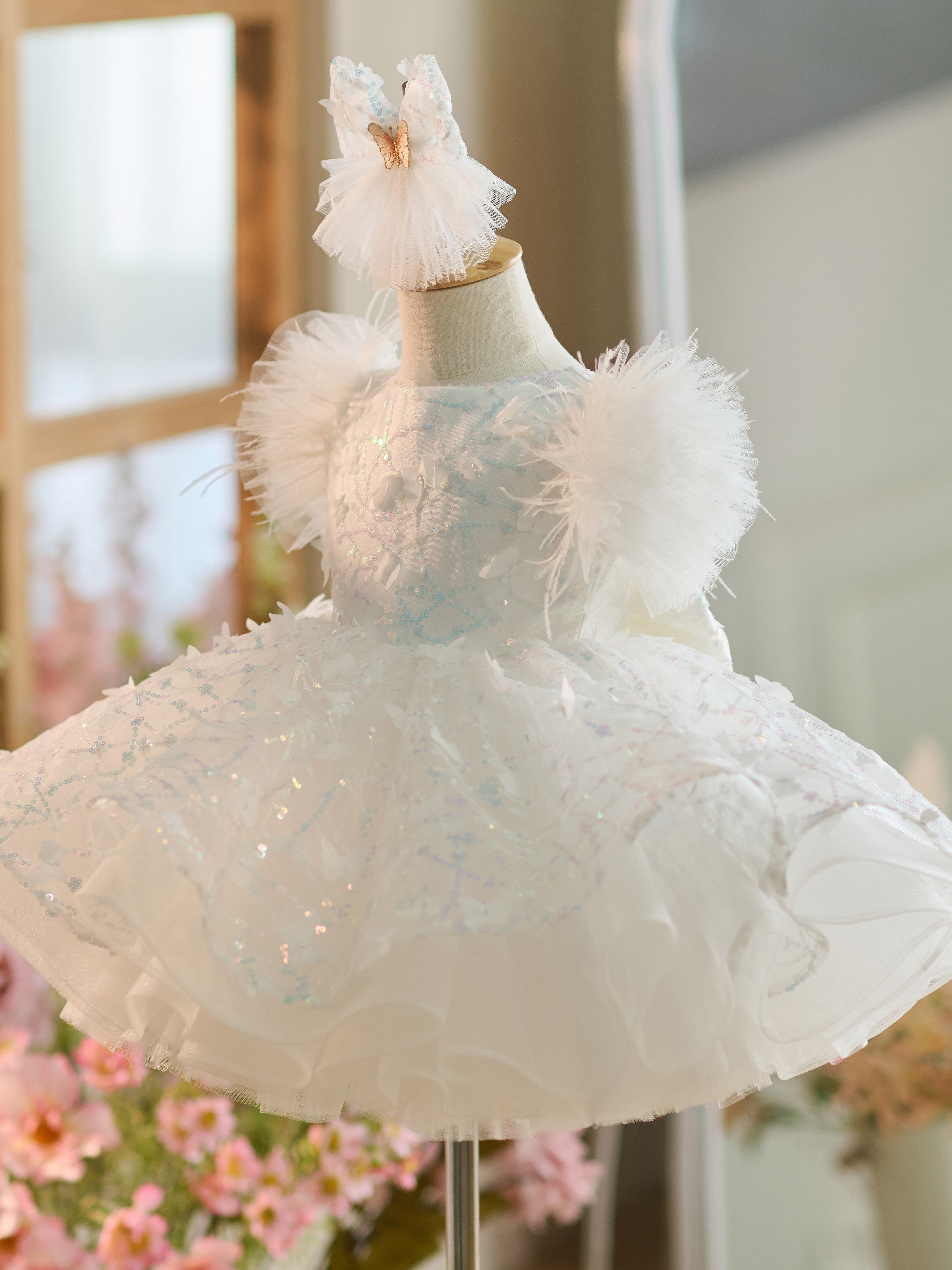 Knee-length 1st Birthday Party Dress with Sequins and Tulle