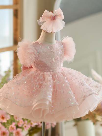 Knee-length 1st Birthday Party Dress with Sequins and Tulle