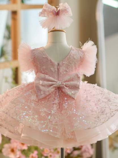 Knee-length 1st Birthday Party Dress with Sequins and Tulle
