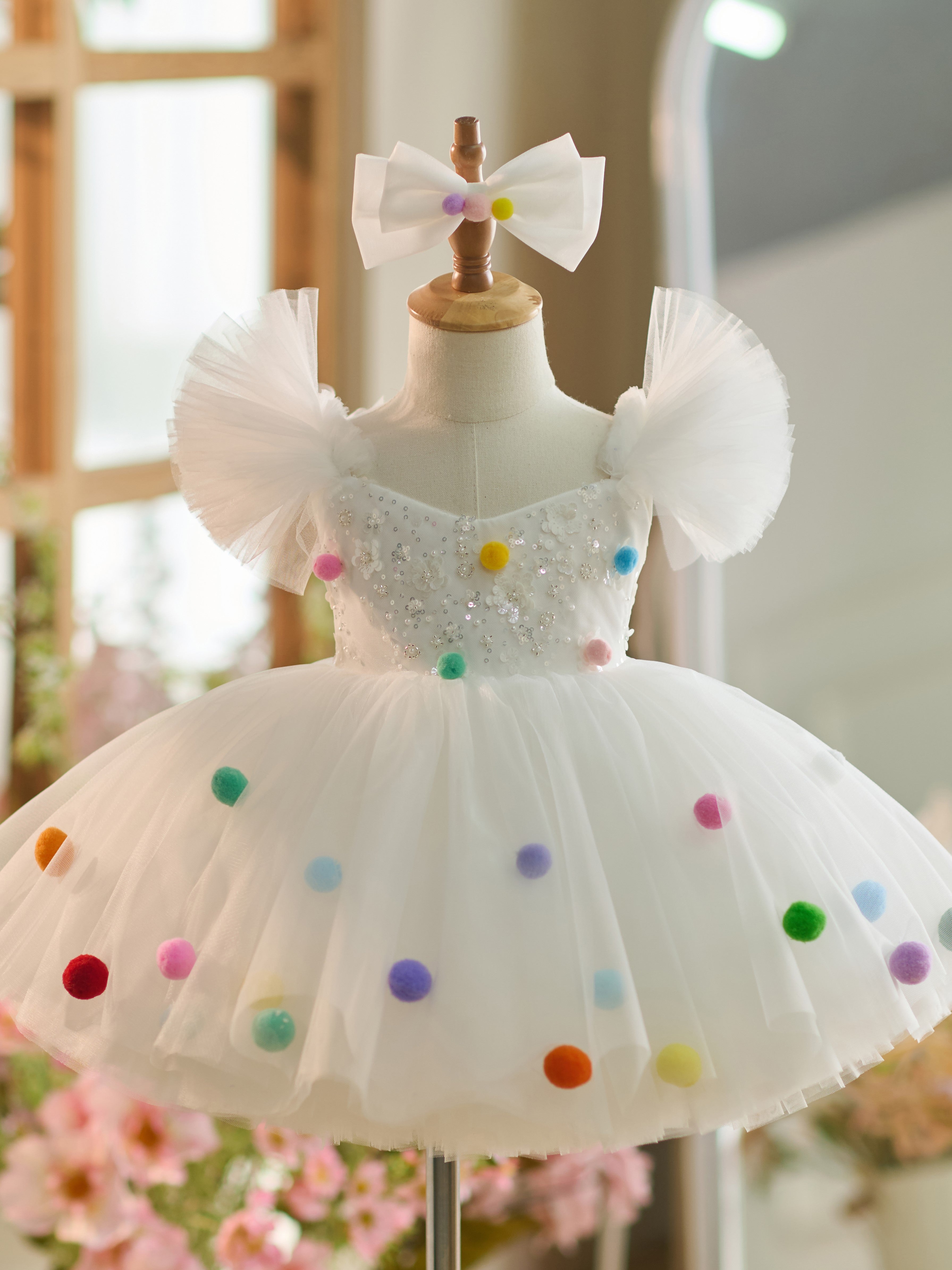 Knee-length White Sequins Tulle Dress for 1st Birthday Party