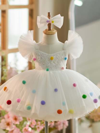 Knee-length White Sequins Tulle Dress for 1st Birthday Party