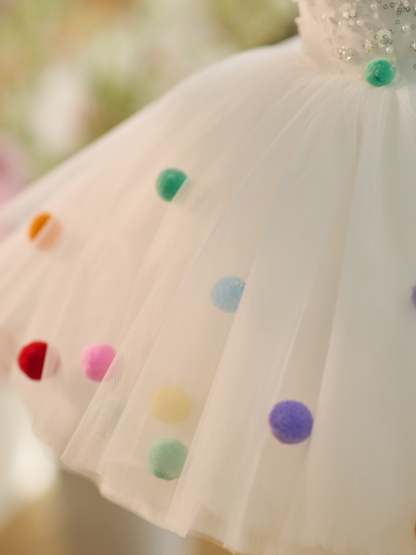Knee-length White Sequins Tulle Dress for 1st Birthday Party
