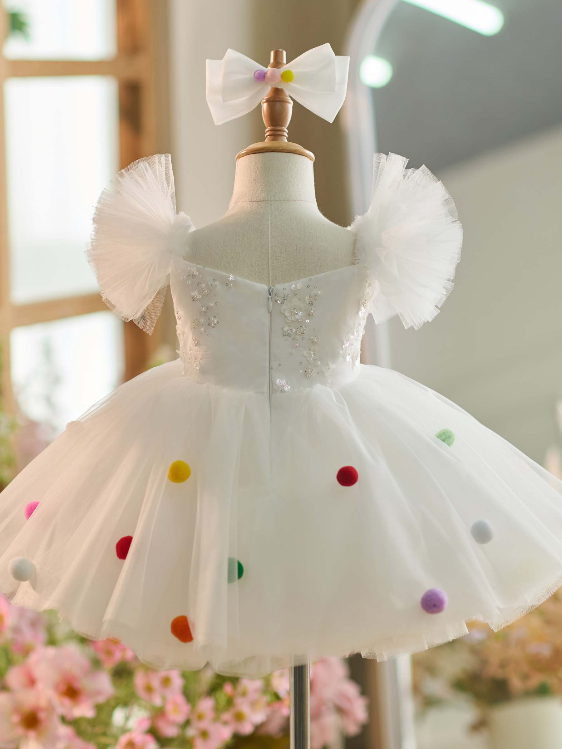 Knee-length White Sequins Tulle Dress for 1st Birthday Party