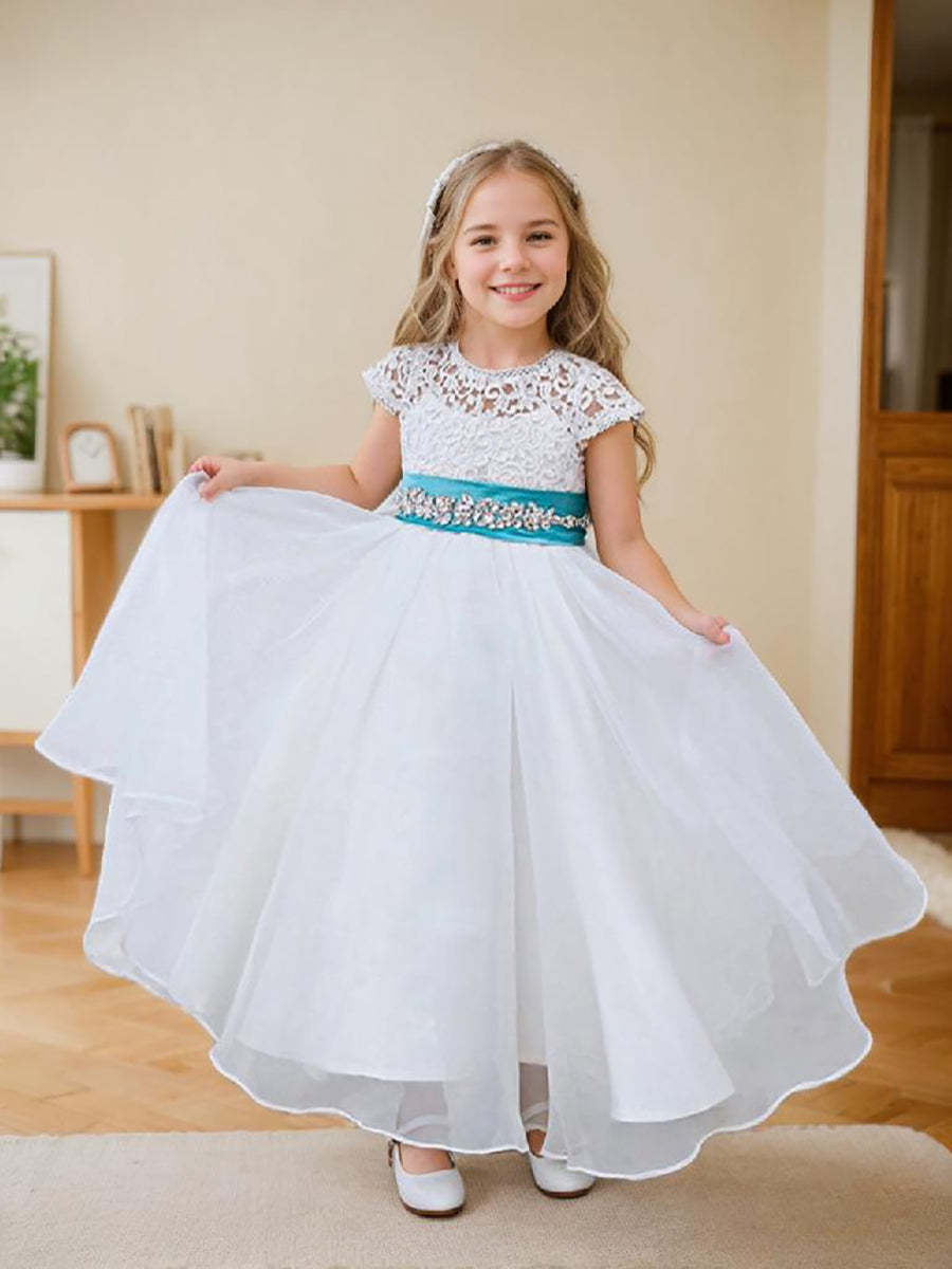 Ivory Flower Girl Dress in A-line Lace Organza Ankle-length