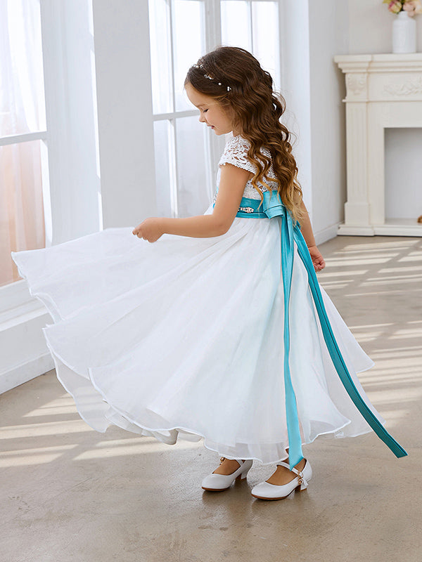 Ivory Flower Girl Dress in A-line Lace Organza Ankle-length