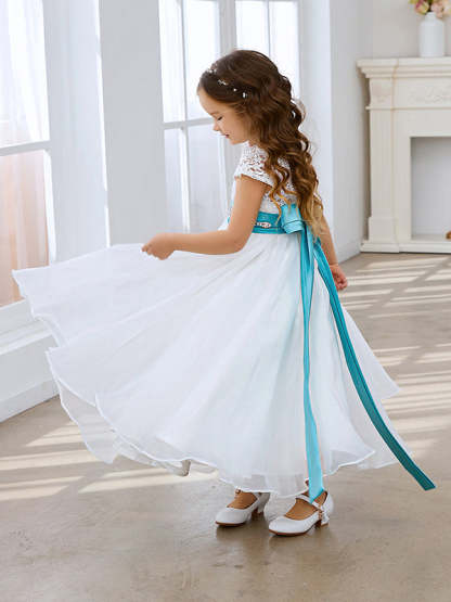 Ivory Flower Girl Dress in A-line Lace Organza Ankle-length
