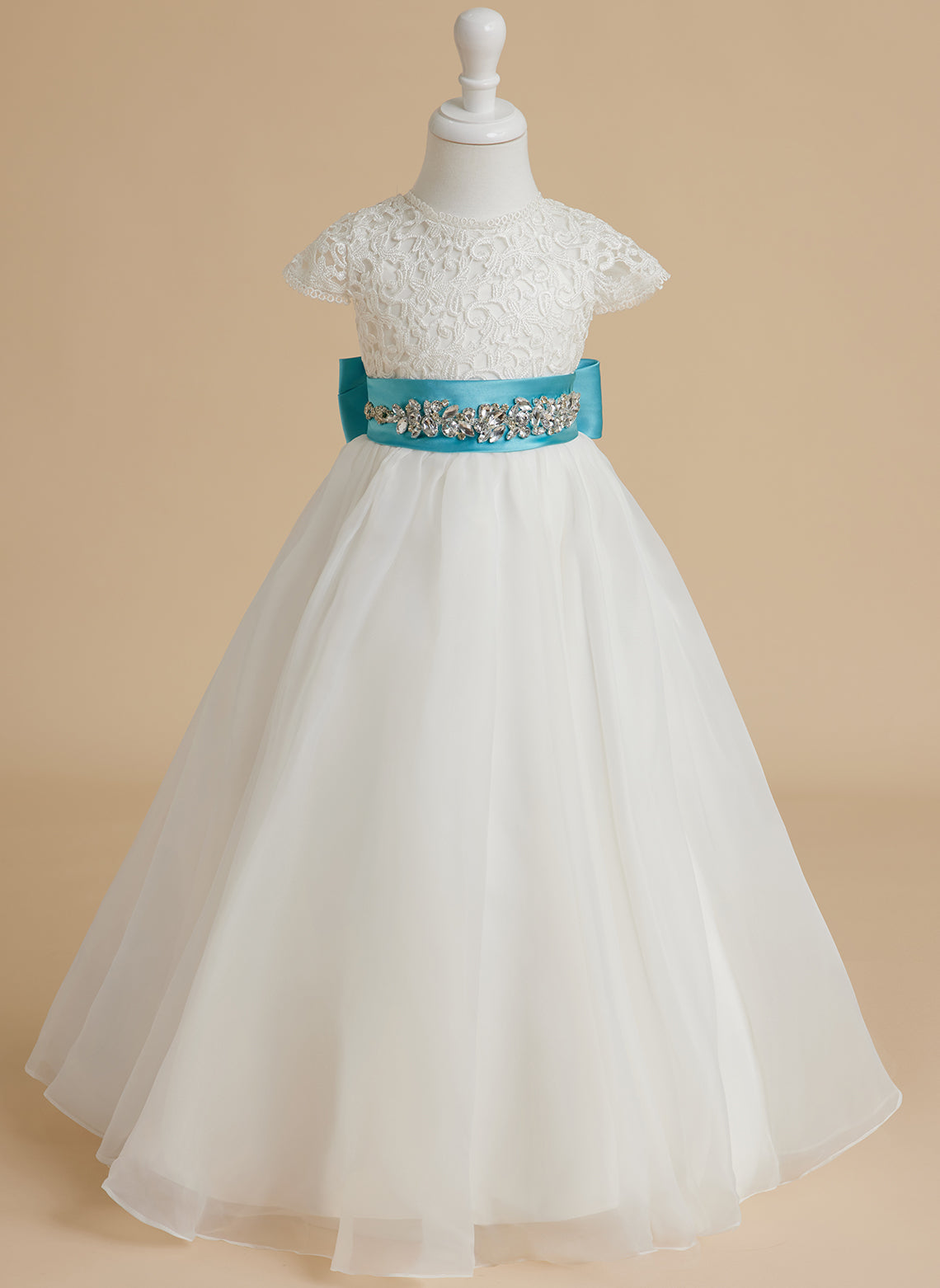 Ivory Flower Girl Dress in A-line Lace Organza Ankle-length
