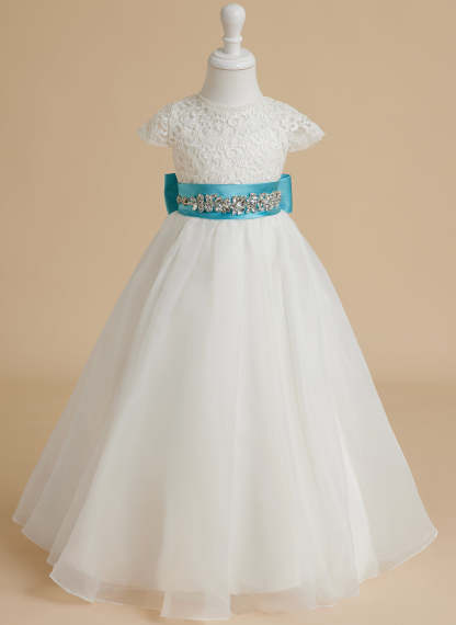 Ivory Flower Girl Dress in A-line Lace Organza Ankle-length