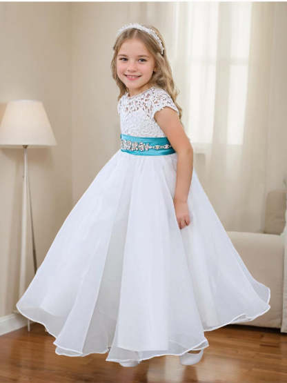Ivory Flower Girl Dress in A-line Lace Organza Ankle-length