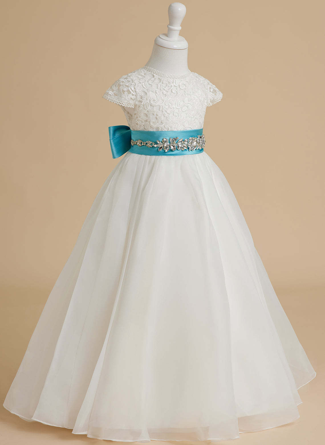 Ivory Flower Girl Dress in A-line Lace Organza Ankle-length