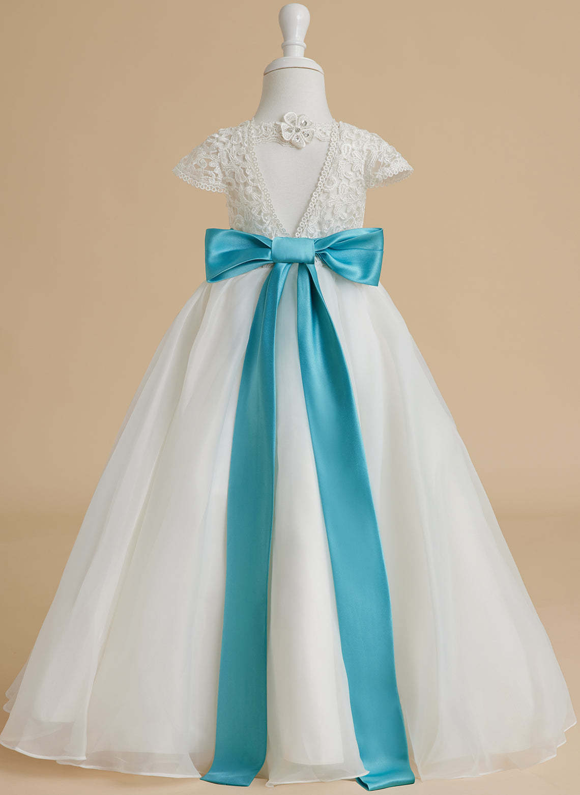 Ivory Flower Girl Dress in A-line Lace Organza Ankle-length