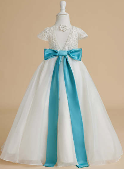Ivory Flower Girl Dress in A-line Lace Organza Ankle-length