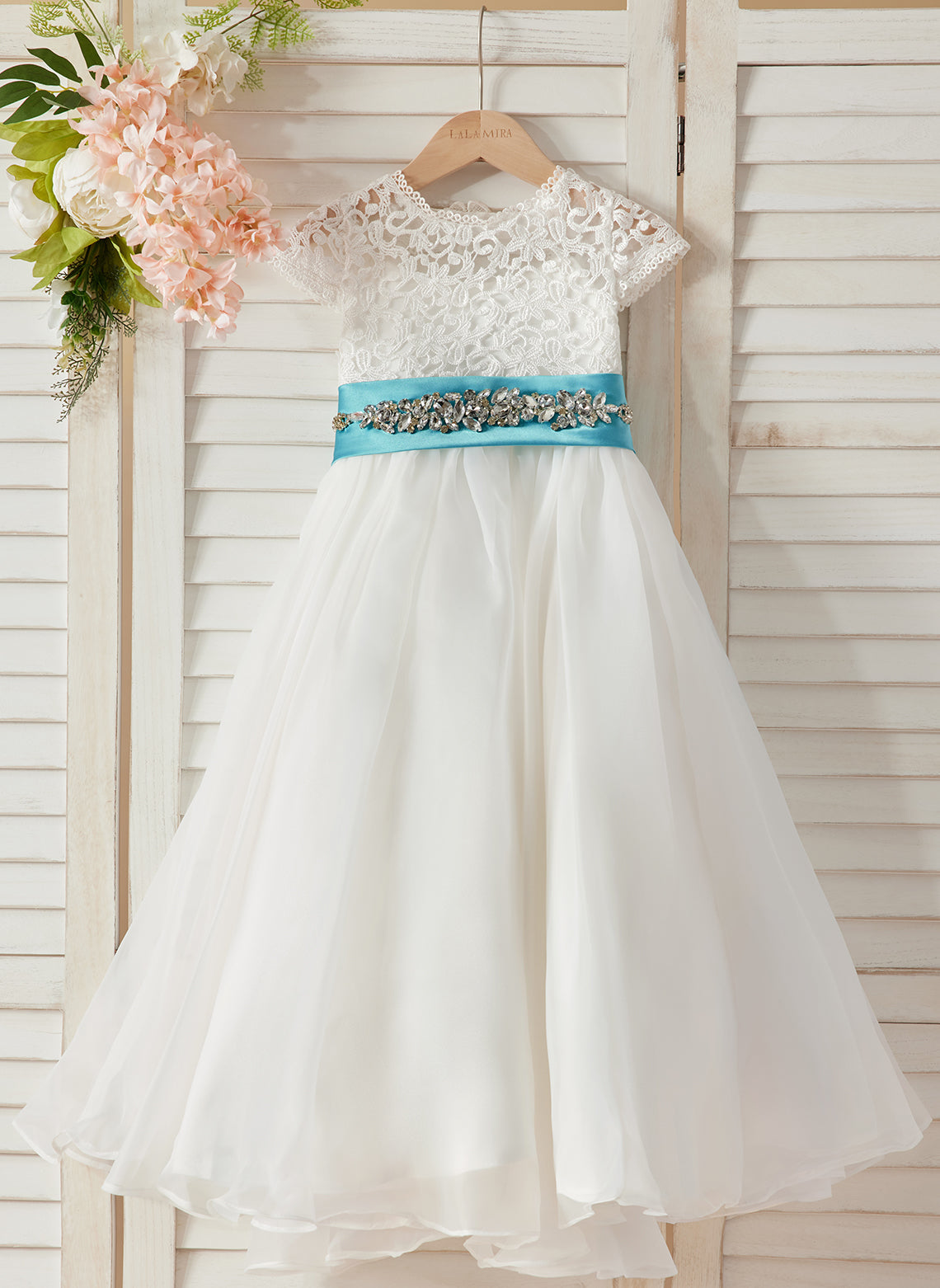 Ivory Flower Girl Dress in A-line Lace Organza Ankle-length