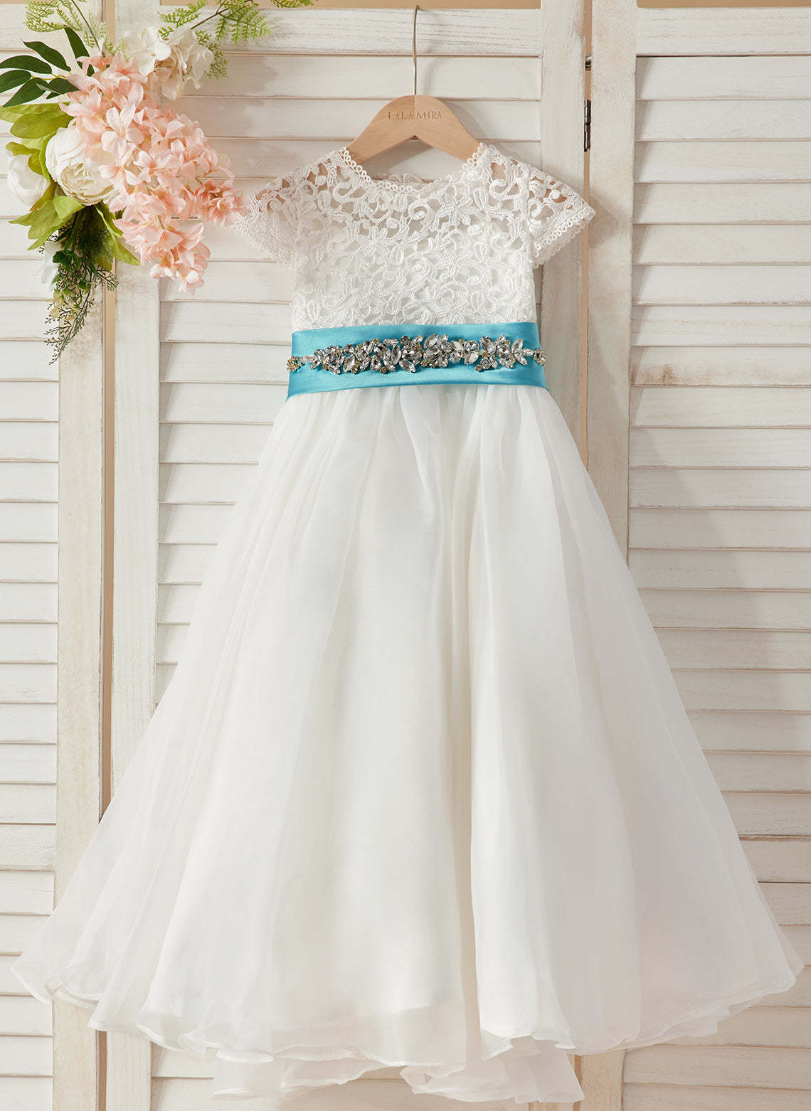Ivory Flower Girl Dress in A-line Lace Organza Ankle-length