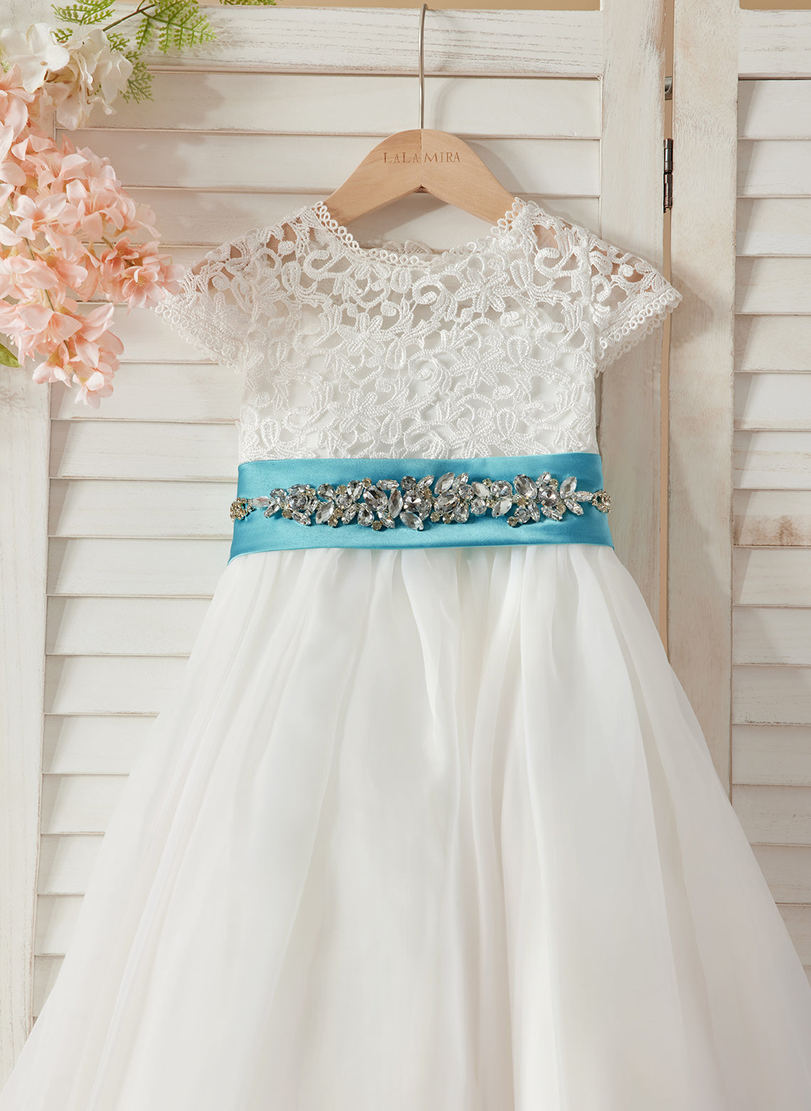 Ivory Flower Girl Dress in A-line Lace Organza Ankle-length