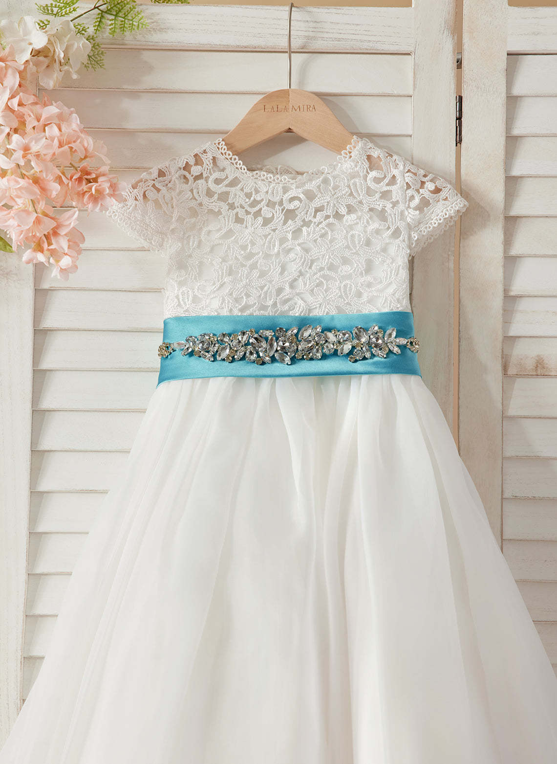 Ivory Flower Girl Dress in A-line Lace Organza Ankle-length