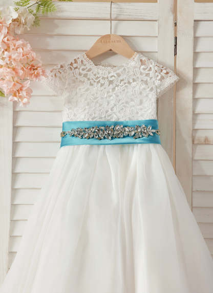 Ivory Flower Girl Dress in A-line Lace Organza Ankle-length