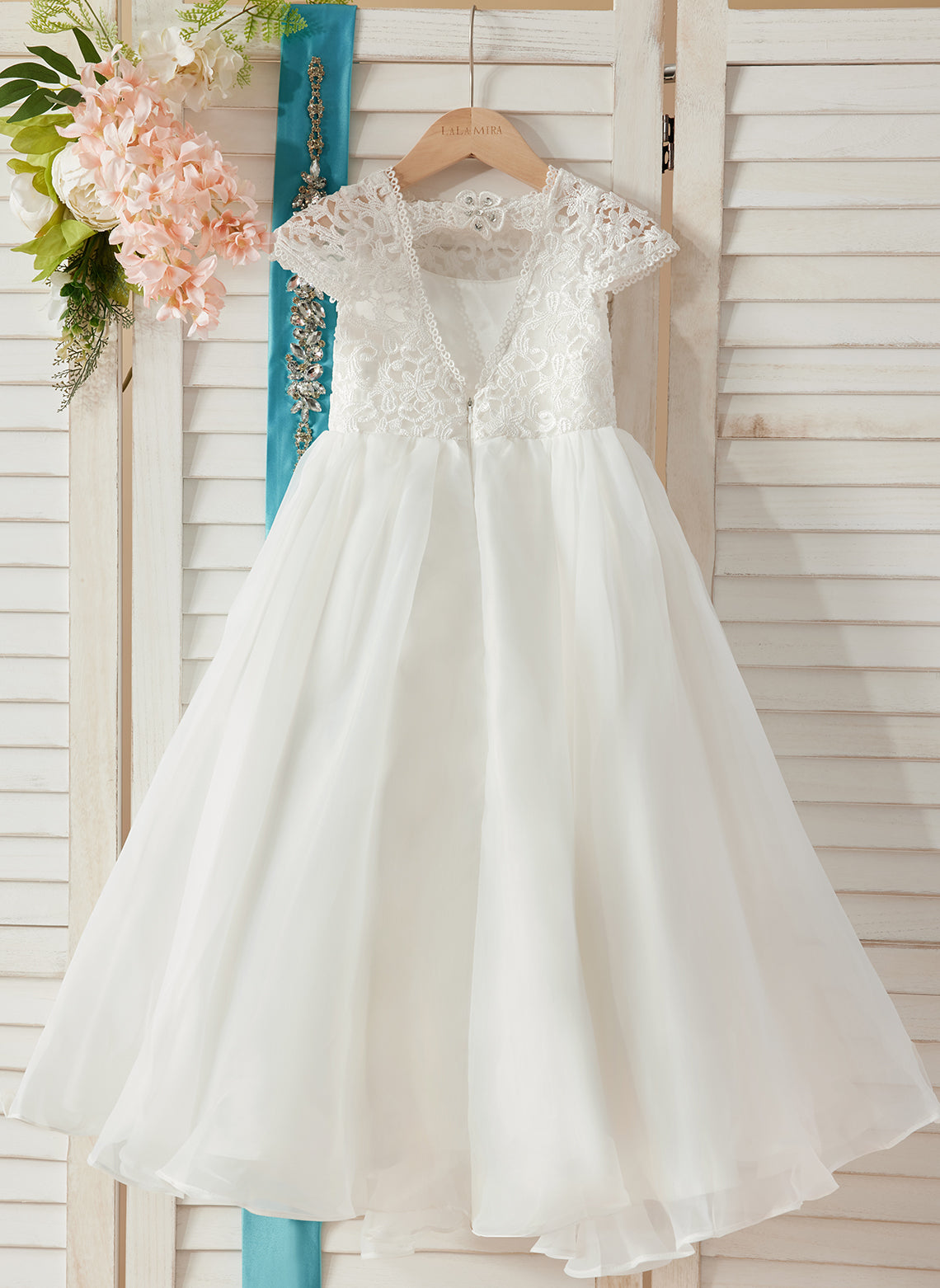 Ivory Flower Girl Dress in A-line Lace Organza Ankle-length