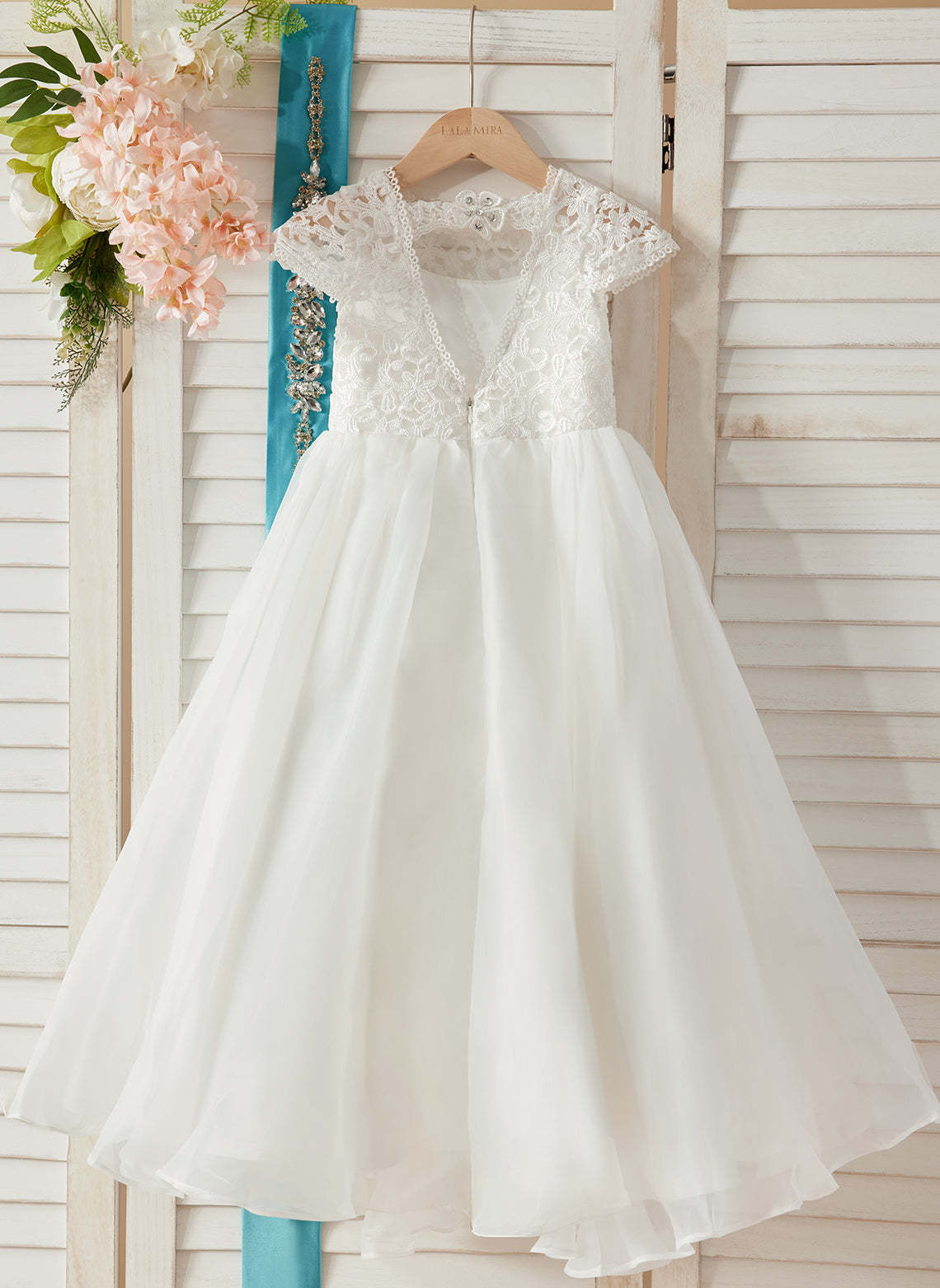 Ivory Flower Girl Dress in A-line Lace Organza Ankle-length