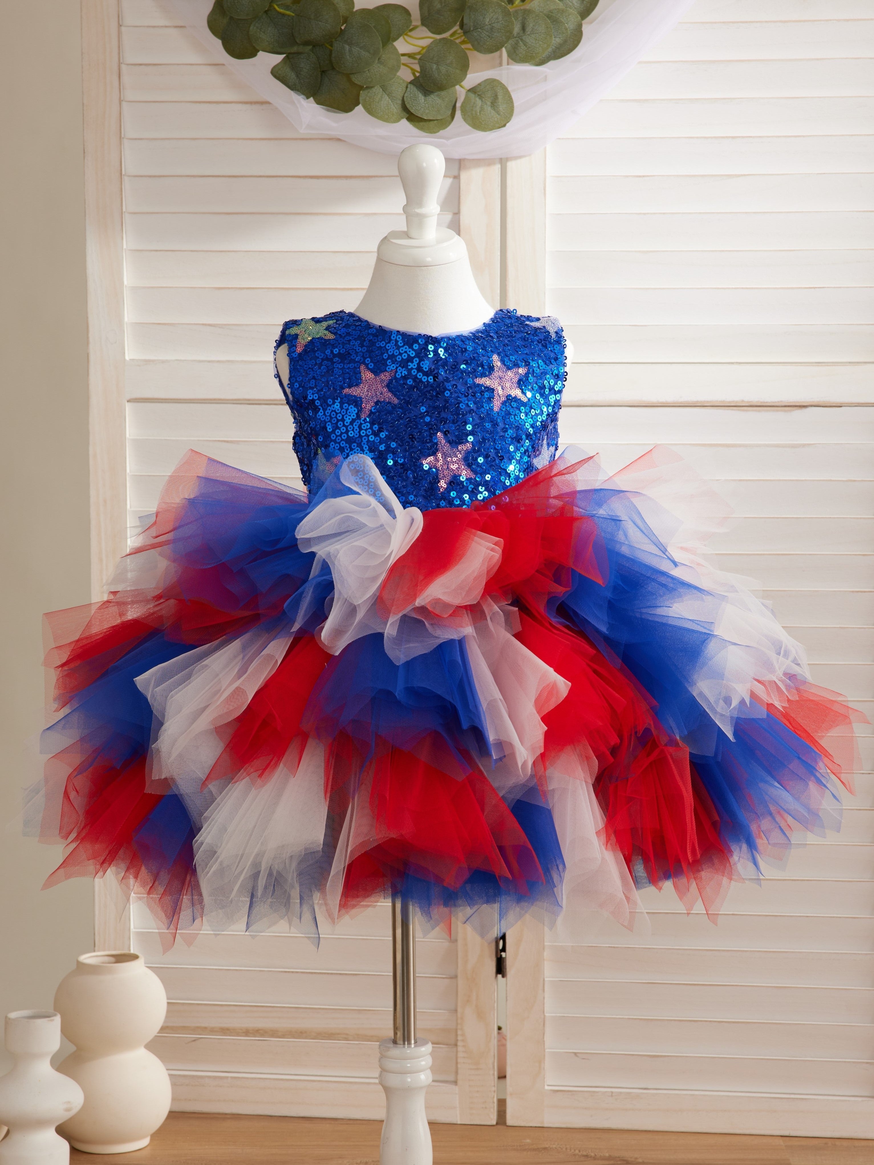 Blue Knee-length Girl Dress with Star Sequins and Tulle