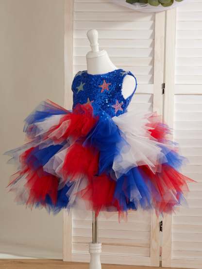 Blue Knee-length Girl Dress with Star Sequins and Tulle