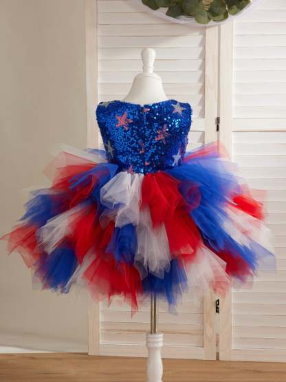 Blue Knee-length Girl Dress with Star Sequins and Tulle
